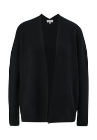 Schwarzer Strickcardigan mit V-Ausschnitt und offenem Vorderteil. Hat lange Ärmel und einen strukturierten Stoff für zusätzliche Wärme und Komfort. Keine Verschlüsse.