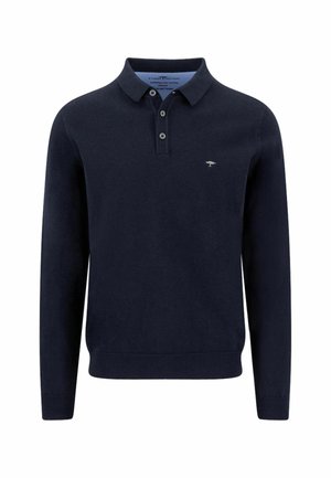 Dunkelblaues Polohemd mit langen Ärmeln, Knopfleiste und kleinem Baumlogo auf der linken Brustseite.