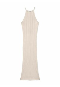 Lang, lys beige ribbet strikket kjole med halterneck-design. Har en tætsiddende silhuet og åben ryg. Glat tekstur overalt.