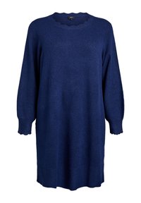 Robe en tricot bleu marine à manches longues avec des bords festonnés au niveau des poignets et du col, un ourlet côtelé et une coupe décontractée.