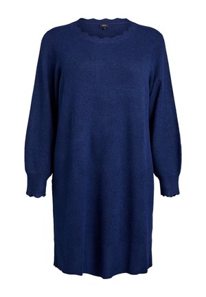 Abito in maglia a maniche lunghe di colore blu navy con bordi ondulati sui polsini e sul colletto, orlo a coste e vestibilità rilassata.
