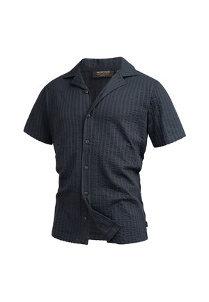 Camicetta a maniche corte di un grigio scuro con un pattern testurizzato a coste. Presenta un colletto classico e chiusura frontale con bottoni.