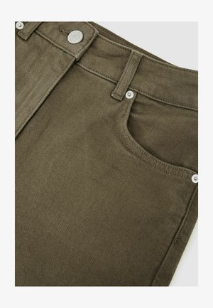 Olive green cotton trousers with a textured finish, featuring a five-pocket design, metal hardware, and a standard waistband.