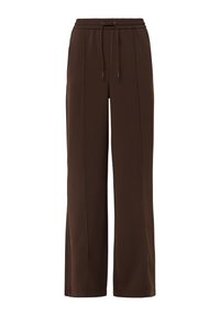 Brązowe spodnie o szerokich nogawkach wykonane z gładkiej tkaniny. Posiadają elastyczny pas z troczkiem oraz subtelne przeszycia z przodu dla dodatkowego efektu.