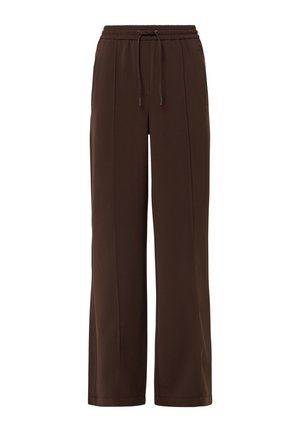Braune Hosen mit weitem Bein aus glattem Stoff. Sie verfügen über einen elastischen Taillenbund mit Kordelzug und dezente vordere Nähte für zusätzliche Details.