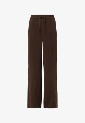 Braune Hosen mit weitem Bein aus glattem Stoff. Sie verfügen über einen elastischen Taillenbund mit Kordelzug und dezente vordere Nähte für zusätzliche Details.