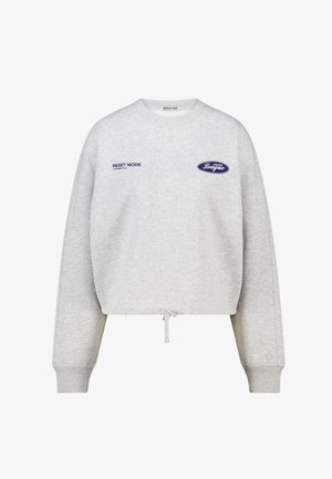 Sudadera gris recortada con un cordón en el dobladillo. Presenta los textos "RESET MODE" y "ATHLETIC LEAGUE" en azul marino. Tejido suave.