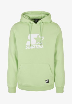 Miętowa bluza z kapturem wykonana z polaru, z białym logo "Starter" na piersi, sznurkami przy kapturze oraz kieszenią z przodu.