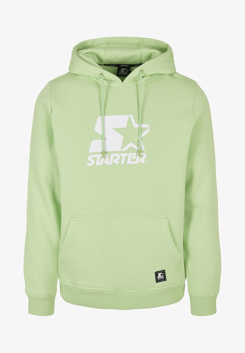 Sudadera de felpa en verde menta, con un logo blanco de "Starter" en el pecho, cordones en la capucha y un bolsillo frontal.