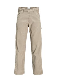 Beige corduroy trousers with a straight leg, featuring front pockets and a side cargo pocket. The fabric has a ribbed texture.