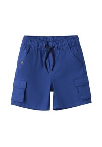 Bañador azul hecho de un tejido ligero, con una cinturilla elástica con cordón, dos bolsillos laterales y un bolsillo de carga.