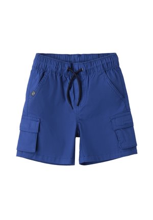 Shorts da bagno blu realizzati in tessuto leggero, con vita elasticizzata e cordino, due tasche laterali e una tasca cargo.