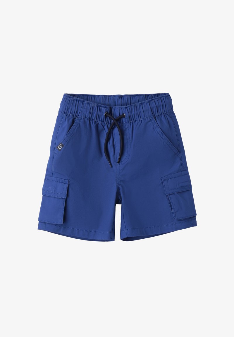 Bañador azul hecho de un tejido ligero, con una cinturilla elástica con cordón, dos bolsillos laterales y un bolsillo de carga.