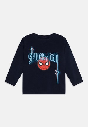 Navy long-sleeve t-shirt featuring a red Spider-Man graphic, bold blue text, and lightning bolt accents in white and light blue. Soft fabric.