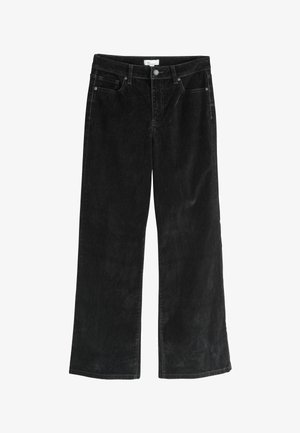 Wide-leg black corduroy pants with a high waist, featuring five pockets, a button closure, and subtle texture from the corduroy fabric.