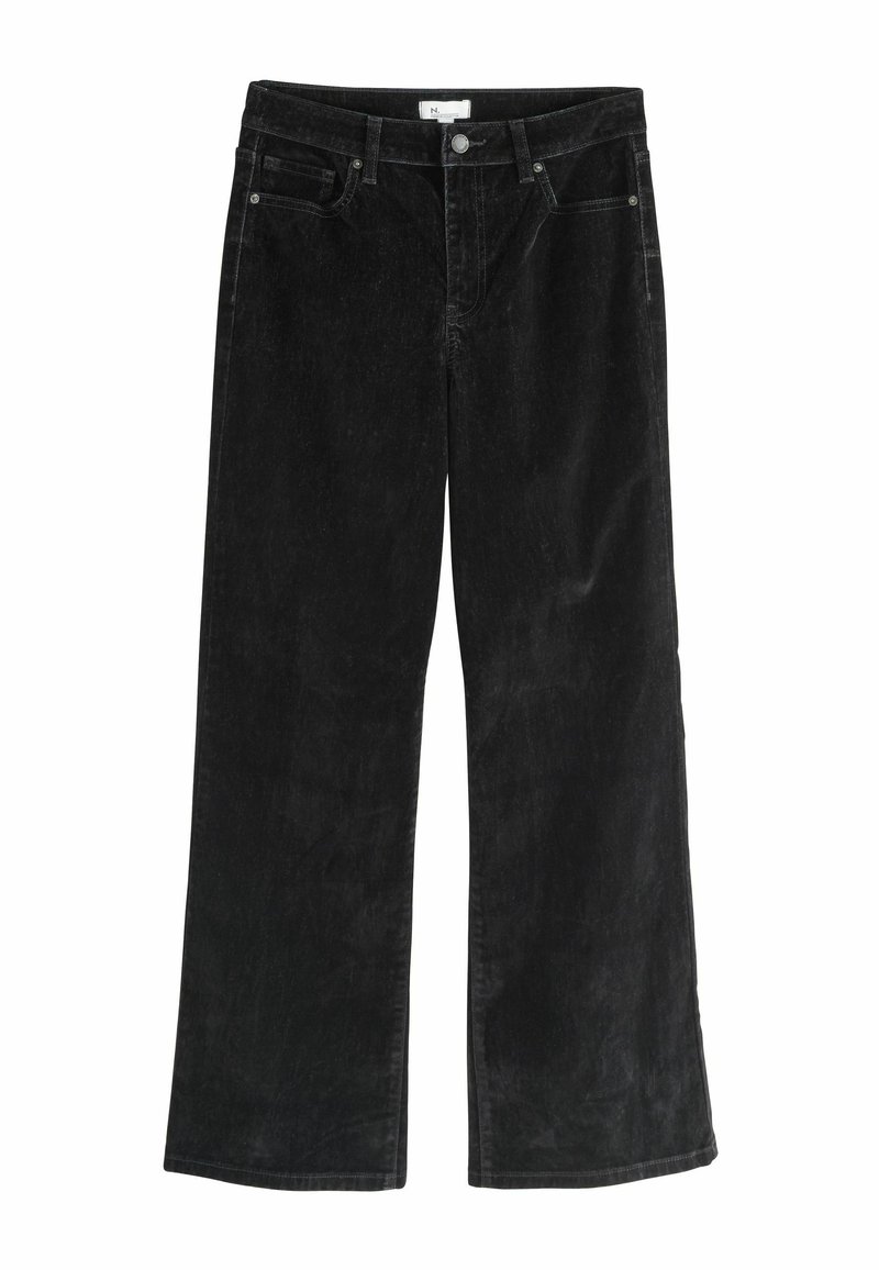 Széles szárú fekete kordbársony nadrág magas derekú, öt zsebbel, gombos záródással és finom textúrával a kordbársony anyagnak köszönhetően.