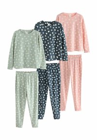 Set aus drei Pyjama-Oberteilen und -Hosen in Mintgrün, Marineblau und Hellrosa, mit weißen Punktmustern; aus weichem Material gefertigt.