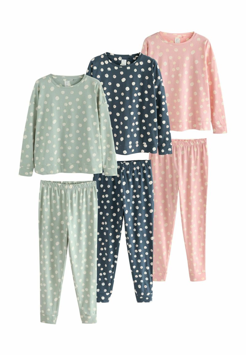 Set aus drei Pyjama-Oberteilen und -Hosen in Mintgrün, Marineblau und Hellrosa, mit weißen Punktmustern; aus weichem Material gefertigt.
