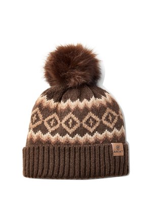 Brown knit winter hat with beige diamond pattern, ribbed cuff, large fluffy pom-pom on top, and small Ariat brand tag on cuff.