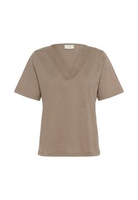 Kortærmet beige T-shirt med V-hals, der har detaljeret blondekant langs halsudskæringen. Lavet af et blødt, let materiale.