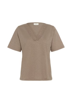 Kortærmet beige T-shirt med V-hals, der har detaljeret blondekant langs halsudskæringen. Lavet af et blødt, let materiale.