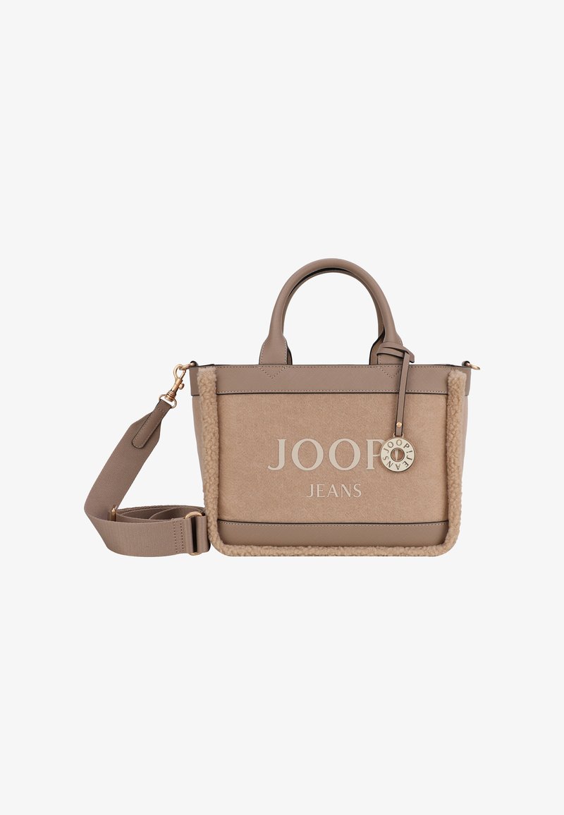 Beżowa torba na ramię z akcentami z sztucznego futra, skórzanymi paskami i złotą metką z logo. Posiada wyraźny kształt i odpinany pasek na ramię.