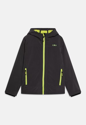 Melna jaka ar kapuci, kurai ir spilgti zaļa rāvējslēdzējs un akcenti. Divas sānu kabatas ar melniem rāvējslēdzējiem; gluda, ūdensizturīga materiāla.