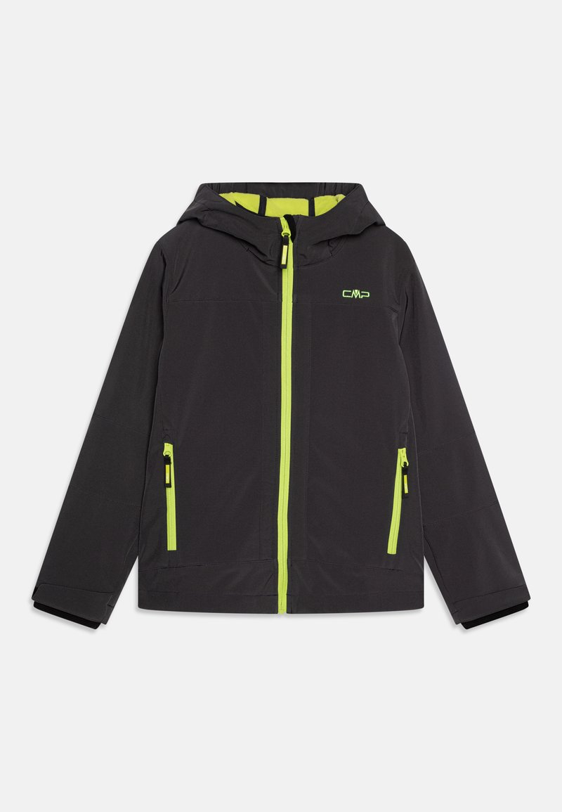 Black jacket with a hood, featuring a bright green zipper and accents. Two side pockets with black zippers; smooth, water-resistant material.