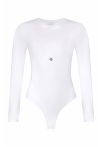Witte longsleeve body gemaakt van zachte stof; heeft een ronde halslijn en een klein zwart logo op de borst. Hoge beenopeningen.