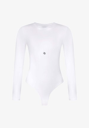 Witte longsleeve body gemaakt van zachte stof; heeft een ronde halslijn en een klein zwart logo op de borst. Hoge beenopeningen.