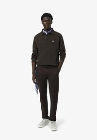 Donkerbruine polo met een lichtblauwe kraag, gecombineerd met donkerbruine broek en witte sneakers. Een gemêleerde blauw-witte sjaal is zichtbaar.