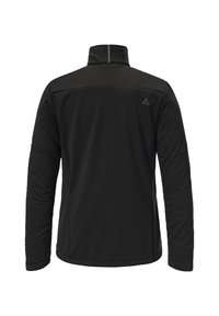 Schwarze Fleecejacke mit hohem Kragen, ausgestattet mit einem grünen Akzent am Nacken und einem Logo auf der oberen linken Seite. Glatte Textur und lange Ärmel.