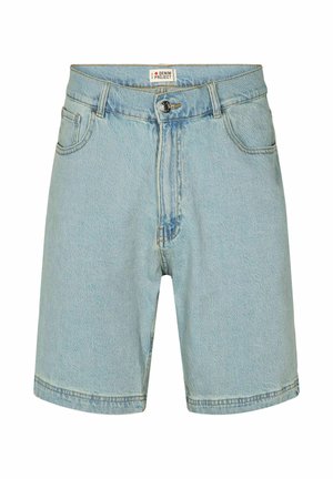 Shorts in denim azzurro chiaro con bottone frontale, cerniera, passanti per cintura e tasche frontali e porta-monete, con etichetta "Denim Project".