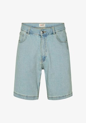 Shorts en denim bleu clair avec bouton frontal, fermeture éclair, passant pour ceinture, poches avant et poche monnaie, étiquetés "Denim Project".