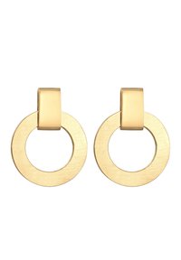 Goldfarbene Metallohrringe mit gebürsteter Oberfläche und quadratischer Steckerbefestigung. Das Design umfasst eine kreisförmige Form mit glatter Textur.