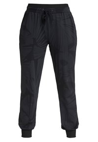 Black jogger pants with a textured leaf pattern, featuring an elastic waistband, drawstring closure, and ribbed cuffs at the ankles.