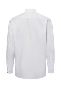 Weißes Langarmhemd mit einem Button-Down-Kragen, subtil strukturiertem Stoff, abgerundetem Saum und abgerundeten Manschetten mit Knopfverschluss.