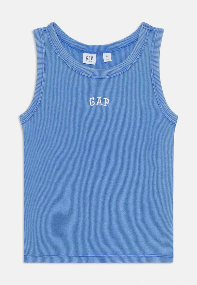 Camisola de alças azul com textura, apresentando um decote arredondado e o logótipo da GAP bordado a branco no peito. Tecido suave com design sem mangas.