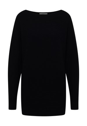 Schwarzer gerippter Langarmpullover mit weitem Ausschnitt und lässigem Schnitt. Weiche Textur und schlichtes Design mit geradem Saum.