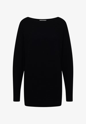 Schwarzer gerippter Langarmpullover mit weitem Ausschnitt und lässigem Schnitt. Weiche Textur und schlichtes Design mit geradem Saum.