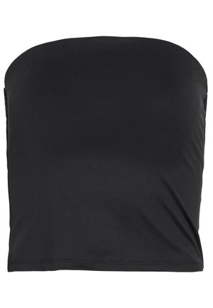 Juodas be petnešėlių viršus, pagamintas iš lygaus, tamprio audinio. Jis turi paprastą, prigludusią formą su tiesia iškirpte ir tvarkingais, apdailintais kraštais.