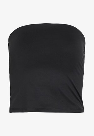 Črn brezramni top, izdelan iz gladkega, elastičnega materiala. Ima preprost, tesen kroj z ravnim dekoltejem in čistimi, dokončanimi robovi.