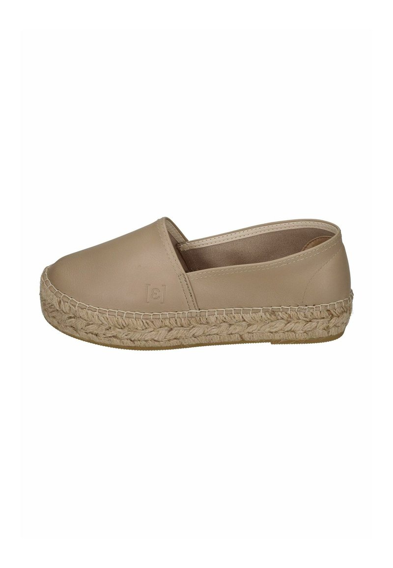 Light beige espadrille slip-on shoe with a smooth leather upper and woven jute sole. Features a rounded toe and minimalistic design.