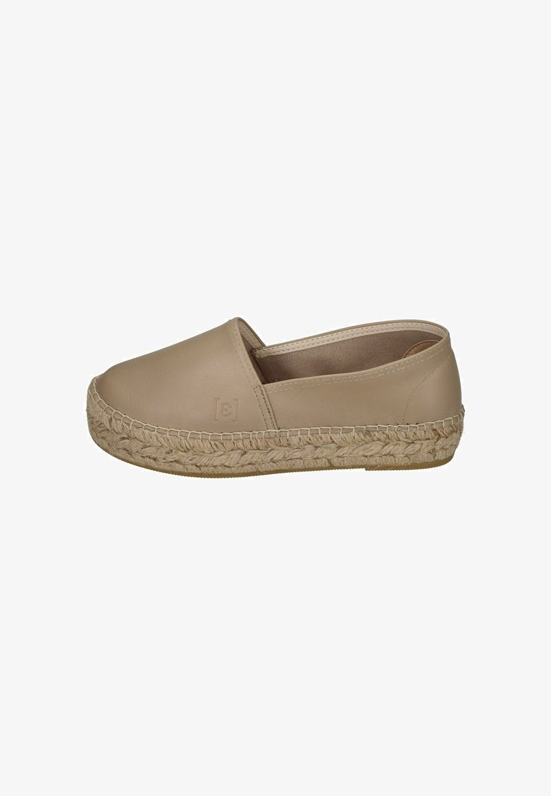 Light beige espadrille slip-on shoe with a smooth leather upper and woven jute sole. Features a rounded toe and minimalistic design.