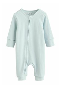 Lyseblå ribstrikket babyheldragt med lange ærmer, rund halsudskæring og lynlås foran, der har tætsiddende ærmeafslutninger og en blød tekstur.