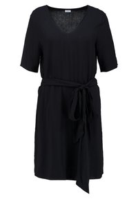 Svart klänning med V-ringning och korta ärmar, med en knytning vid midjan. Tillverkad av mjukt, slätt tyg med en avslappnad passform.