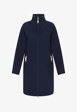 Cappotto impermeabile navy con colletto alto, zip frontale completa, tasche laterali con cordini e maniche lunghe. Presenta una consistenza elegante e liscia.