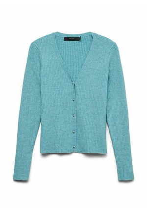 Cardigan turquoise à côtes avec un col en V, des manches longues et six boutons argentés sur le devant. Texture douce et coupe ajustée.