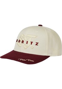 Beige caps med maroon skygge, med broderte "Moritz" og "Pica Pica" merkingen i gull på forsiden. Strukturert seks-panel design.