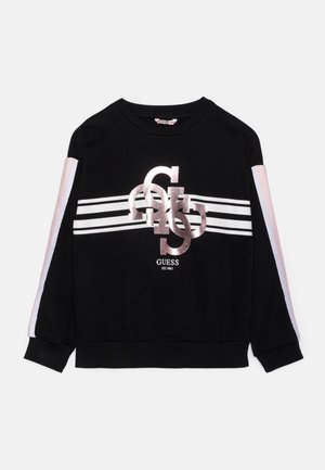 Sort sweatshirt med hvide og lyserøde striber på ærmerne, hvide vandrette striber på brystet og skinnende overlappende Guess-logo i midten.